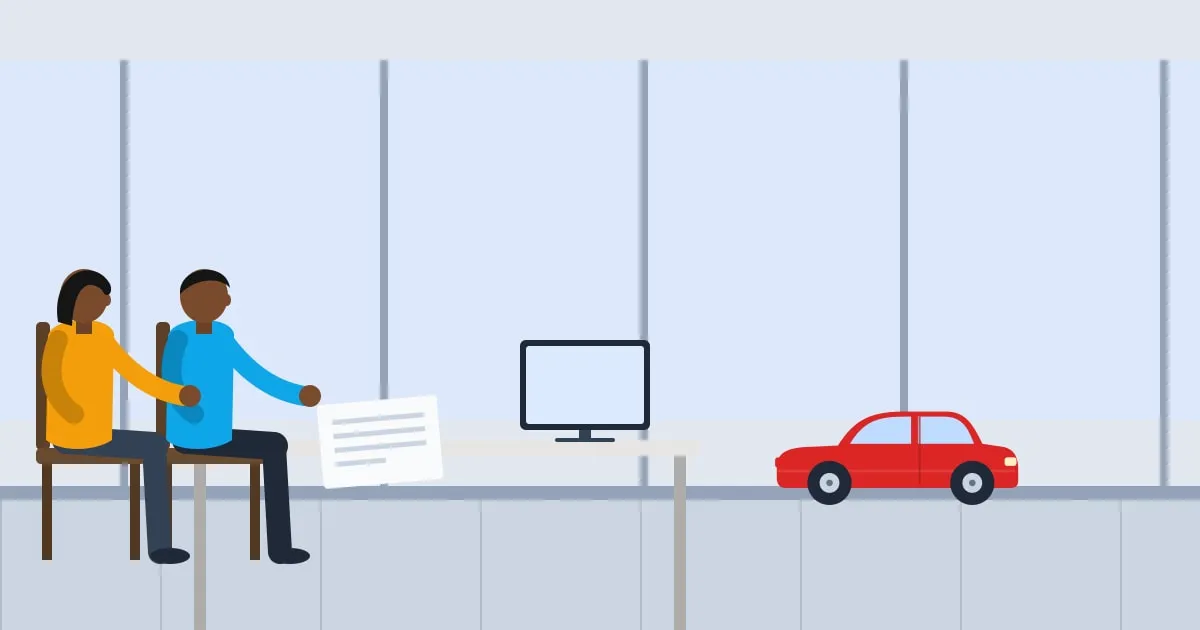 Illustration of a couple reviewing paperwork at a car dealership desk, a compact car in the showroom behind