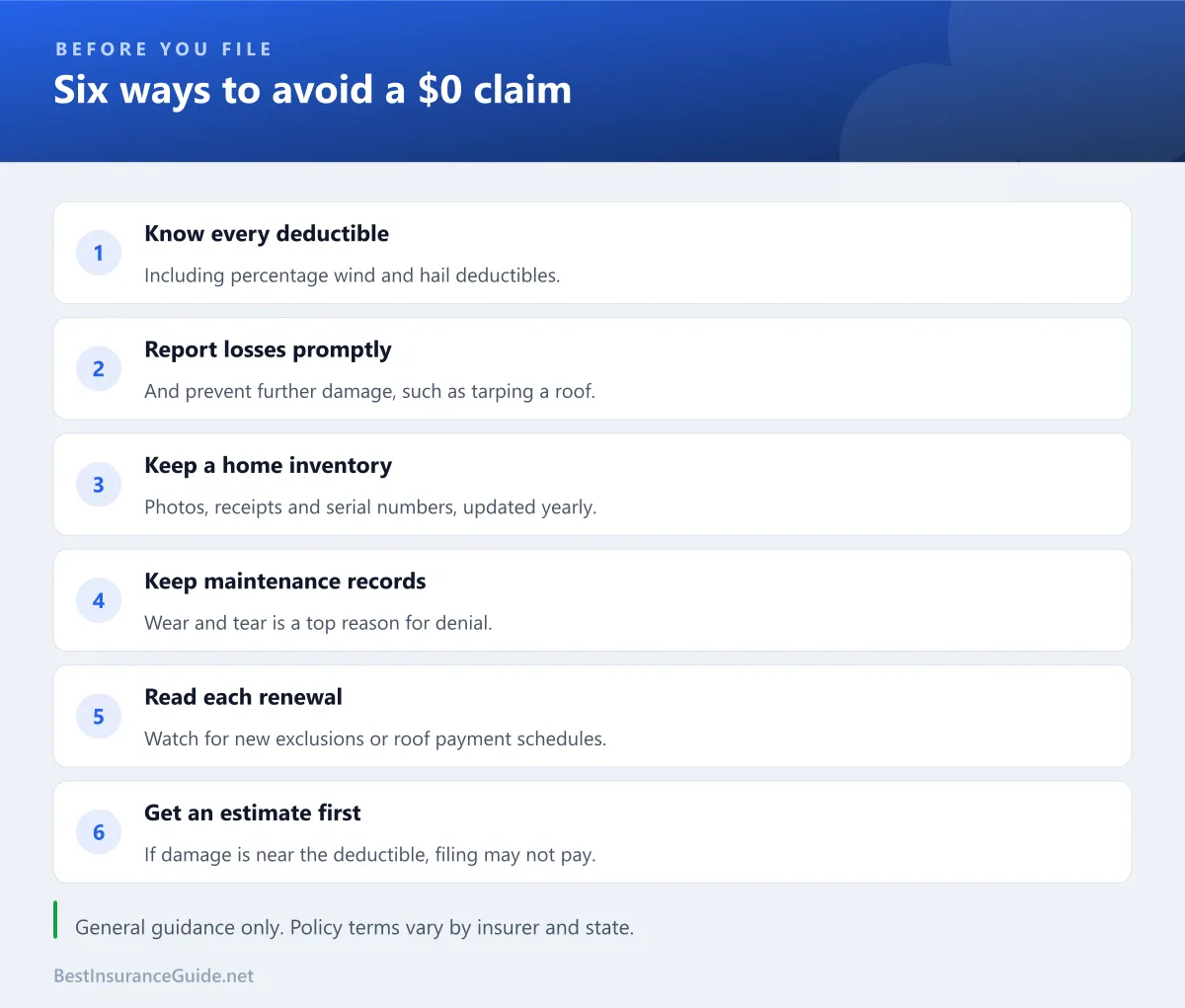 Checklist of six ways to avoid having an insurance claim closed without payment