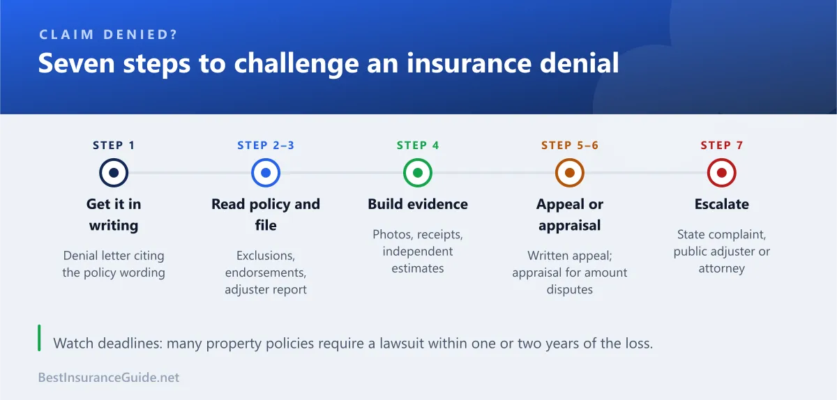 Timeline of seven steps after an insurance claim denial, from getting the denial in writing to filing a complaint and seeking legal advice