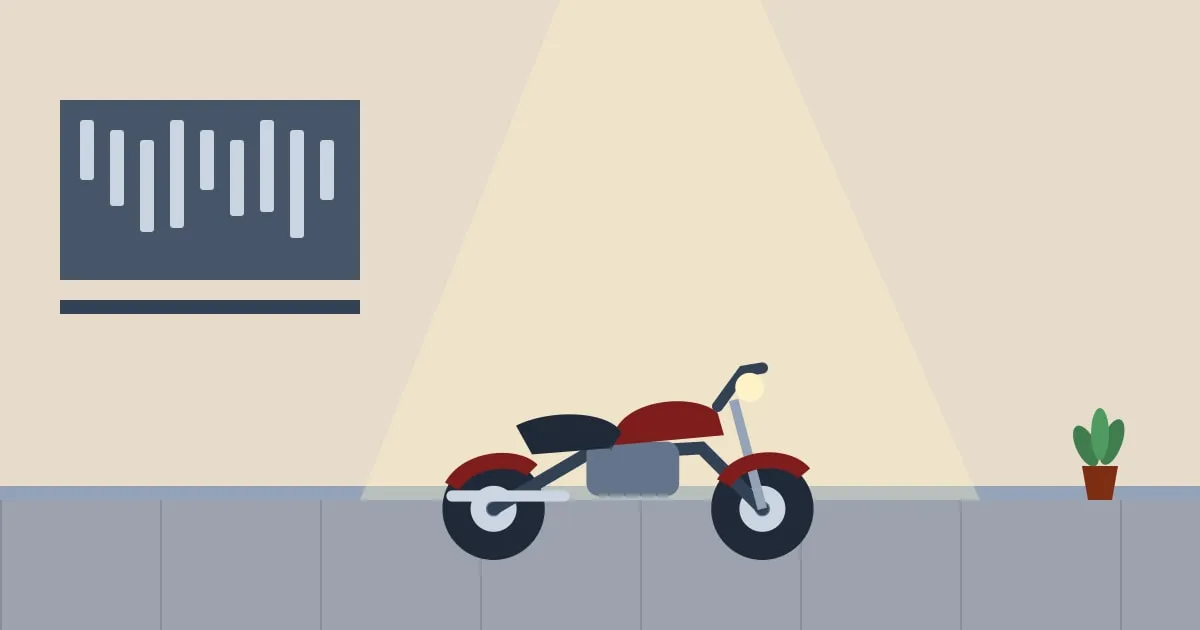 Illustration of a polished vintage motorcycle displayed in a tidy garage under warm light