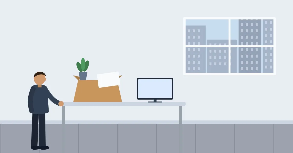 Illustration of a man packing his desk into a box on his last day at work, a benefits envelope on top