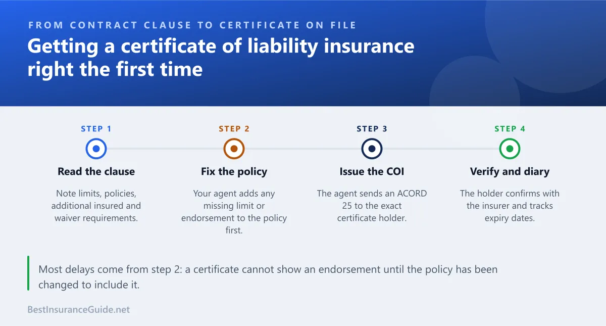 Timeline showing the steps from a contract's insurance requirement to a verified certificate of liability insurance on file
