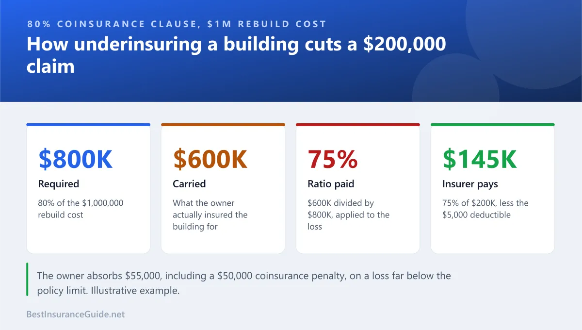Statistics panel showing a coinsurance penalty on a $200,000 commercial property loss when the building is insured for $600,000 against an $800,000 requirement