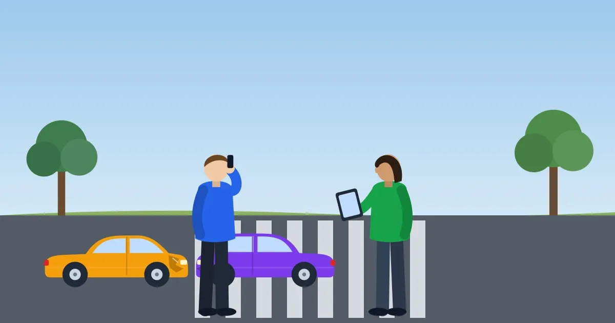 Illustration of two drivers exchanging details after a minor collision at a suburban intersection