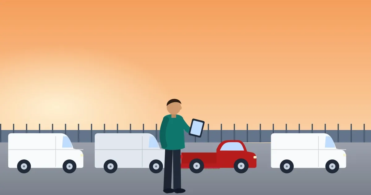 Illustration of a manager walking past a small fleet of work vans and a pickup truck in a company yard at sunrise