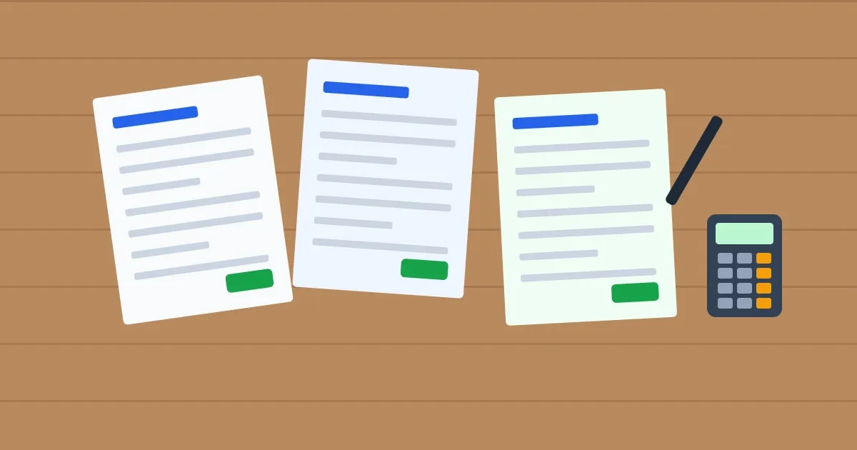 Illustration of several printed insurance quotes spread across a table beside a calculator