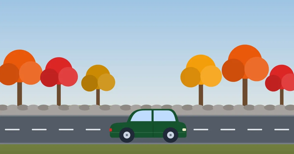 Illustration of a car on a New England road lined with stone walls and bright fall foliage