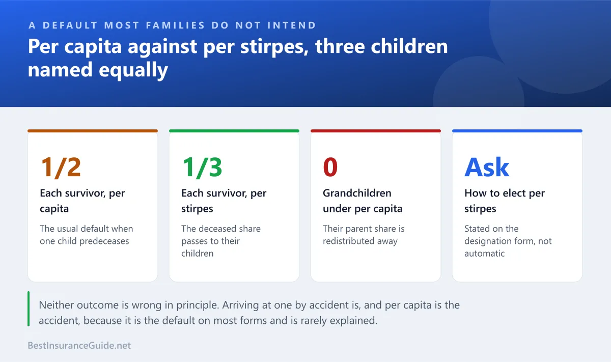 Statistics panel showing how per stirpes and per capita designations distribute proceeds differently when a beneficiary predeceases