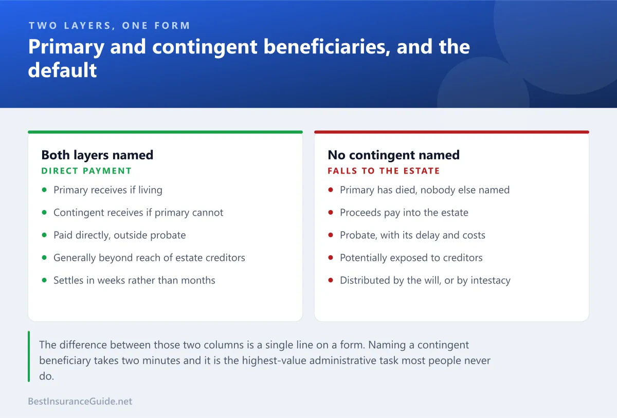 Comparison panel showing how primary and contingent beneficiary designations work and what happens when neither can receive