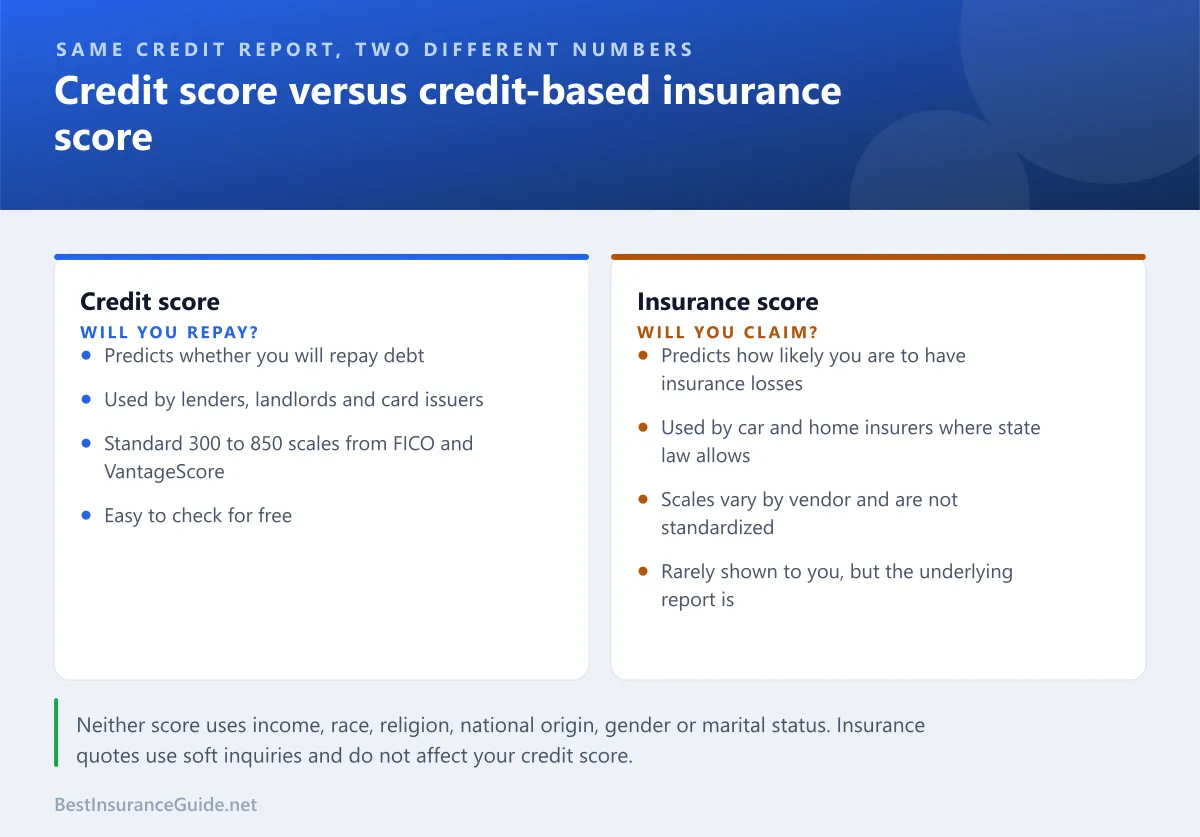 Comparison of how a credit score and a credit-based insurance score are built and used