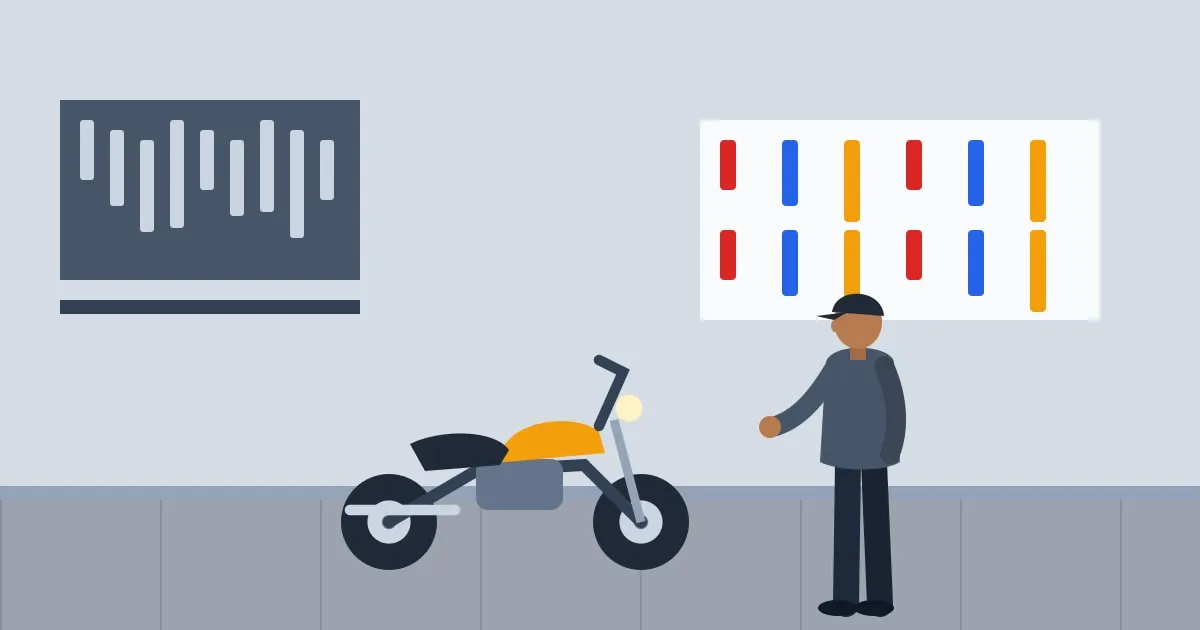 Illustration of a builder working on a custom chopper motorcycle in a workshop full of tools