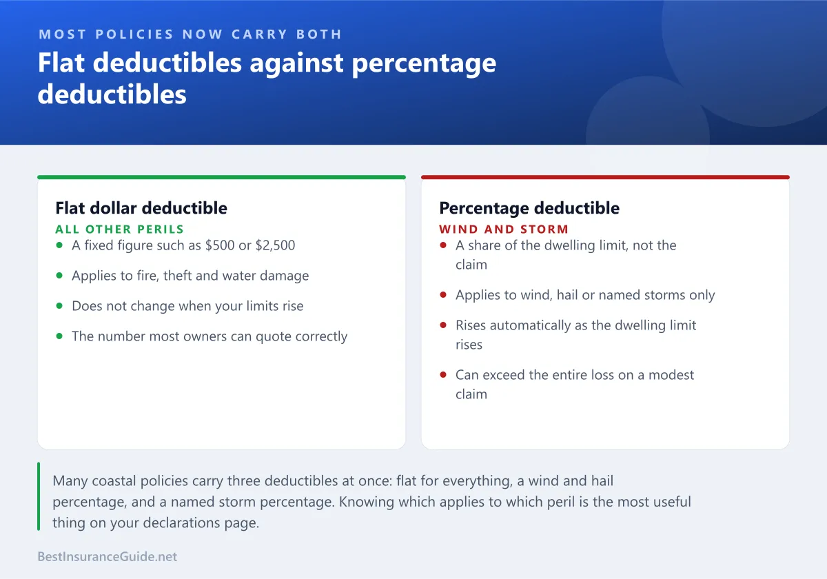 Comparison panel showing how a flat dollar deductible and a percentage deductible differ, and which perils each one applies to