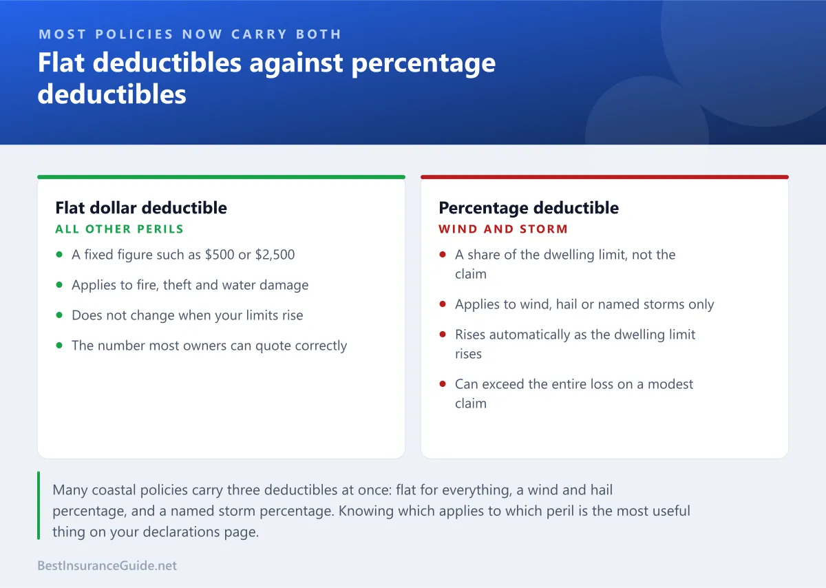 Comparison panel showing how a flat dollar deductible and a percentage deductible differ, and which perils each one applies to