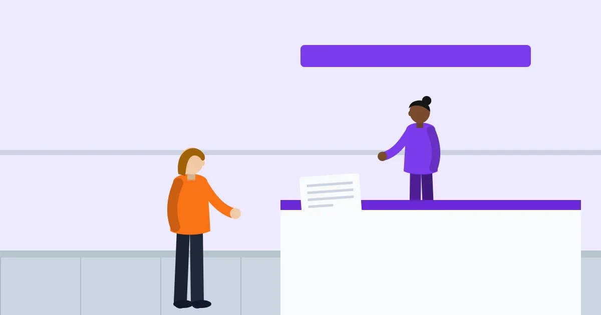 Illustration of a patient reviewing an itemized bill with a staff member at a hospital billing desk