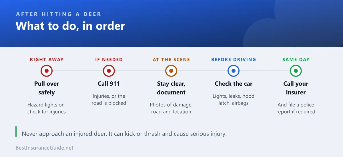 Timeline of what to do in the minutes and days after hitting a deer, from pulling over safely to filing the insurance claim