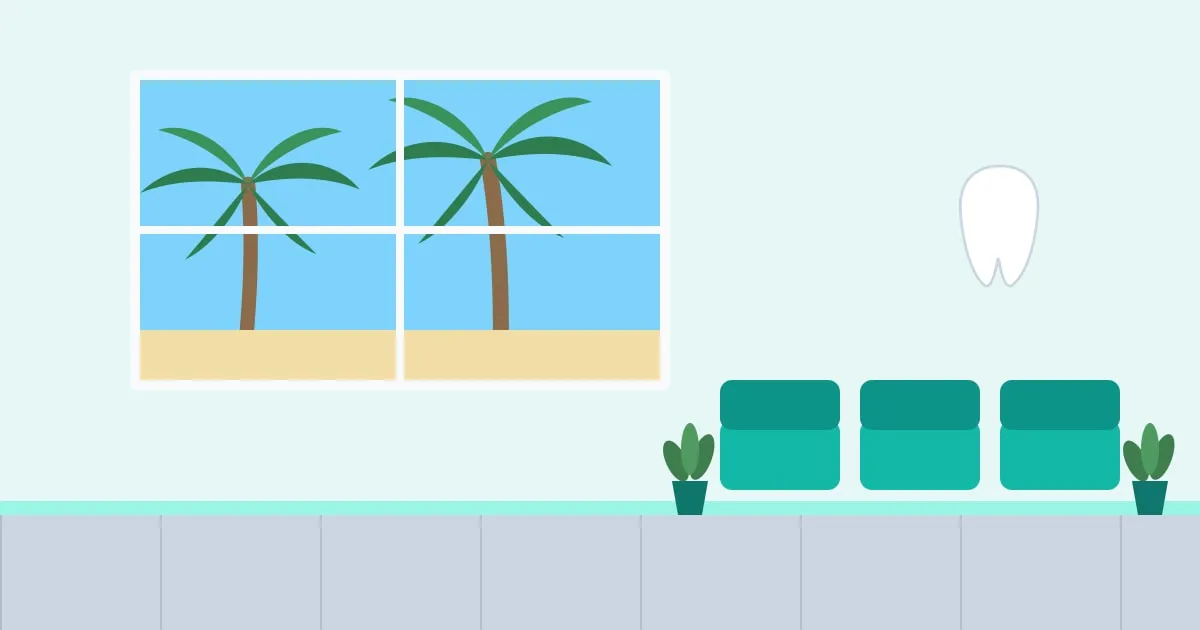 Illustration of a bright dental office waiting room with tropical plants and palm trees outside the window