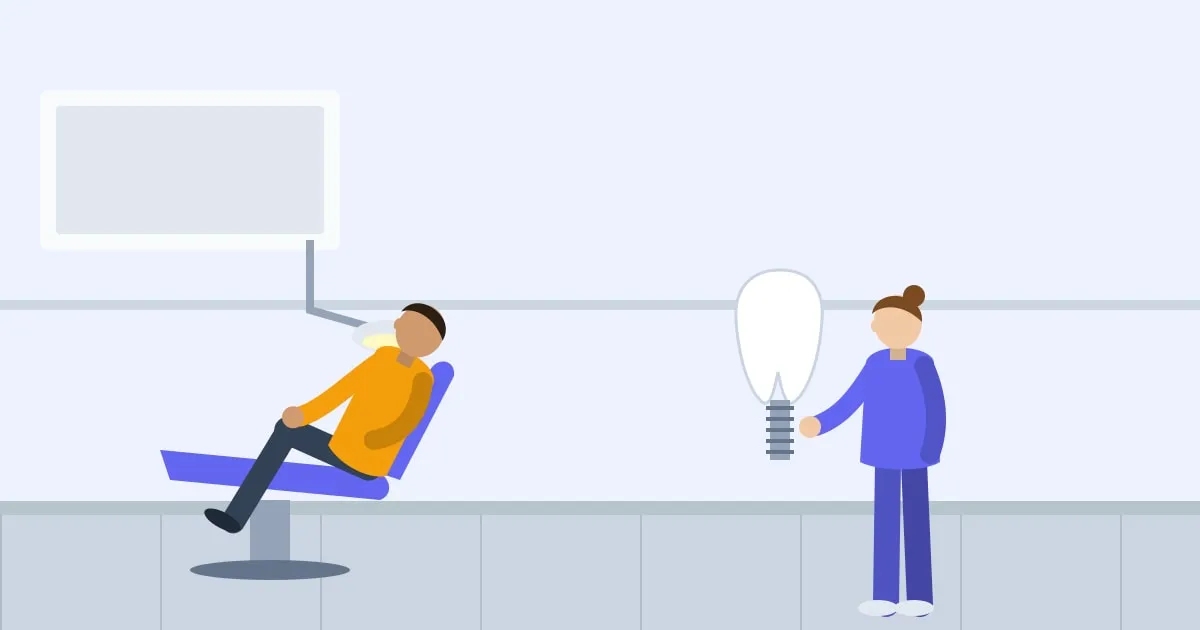 Illustration of a dentist showing a patient a large dental implant model in a modern clinic