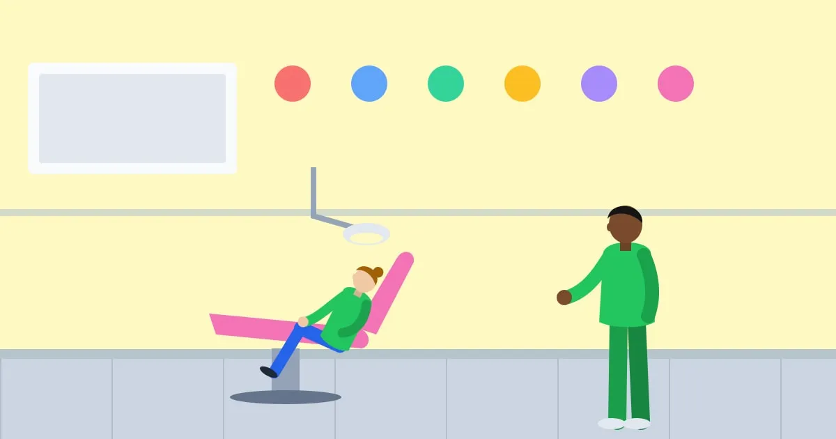 Illustration of a smiling child in a pediatric dental chair while a friendly dentist counts teeth