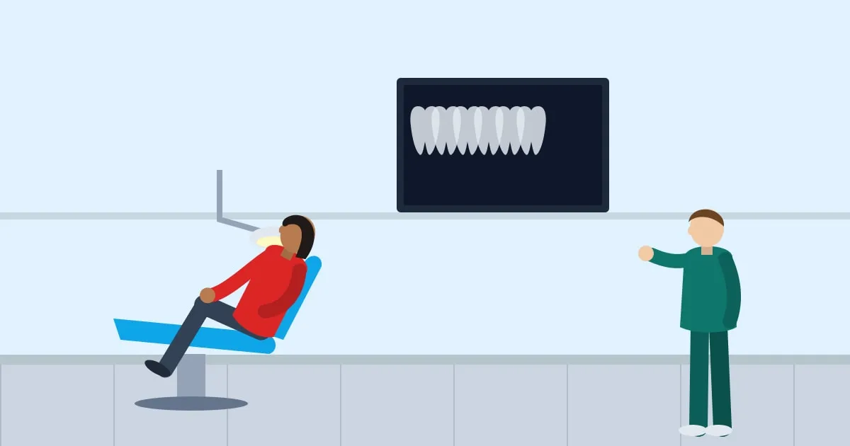Illustration of a dentist reviewing a tooth X-ray on a monitor with a patient in the dental chair