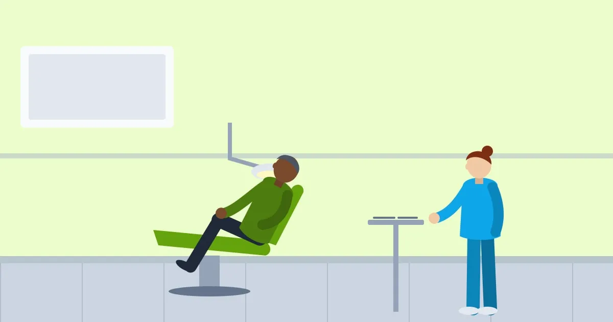 Illustration of a middle-aged veteran smiling in a dental chair while his dentist explains the treatment