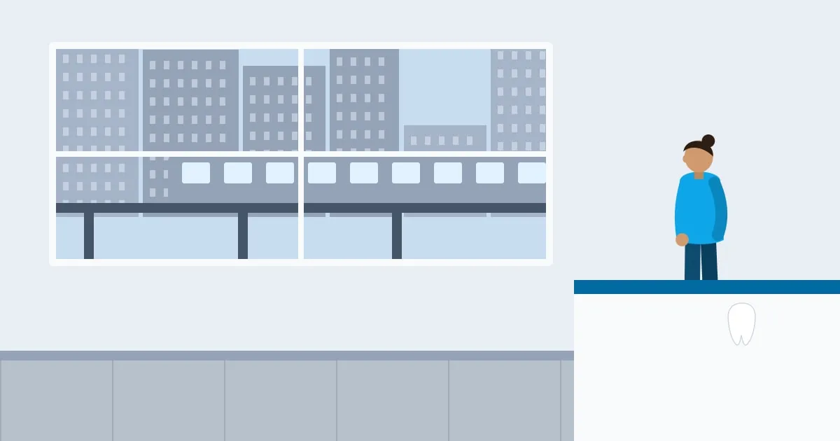 Illustration of a dental clinic reception with an elevated city train passing outside the window