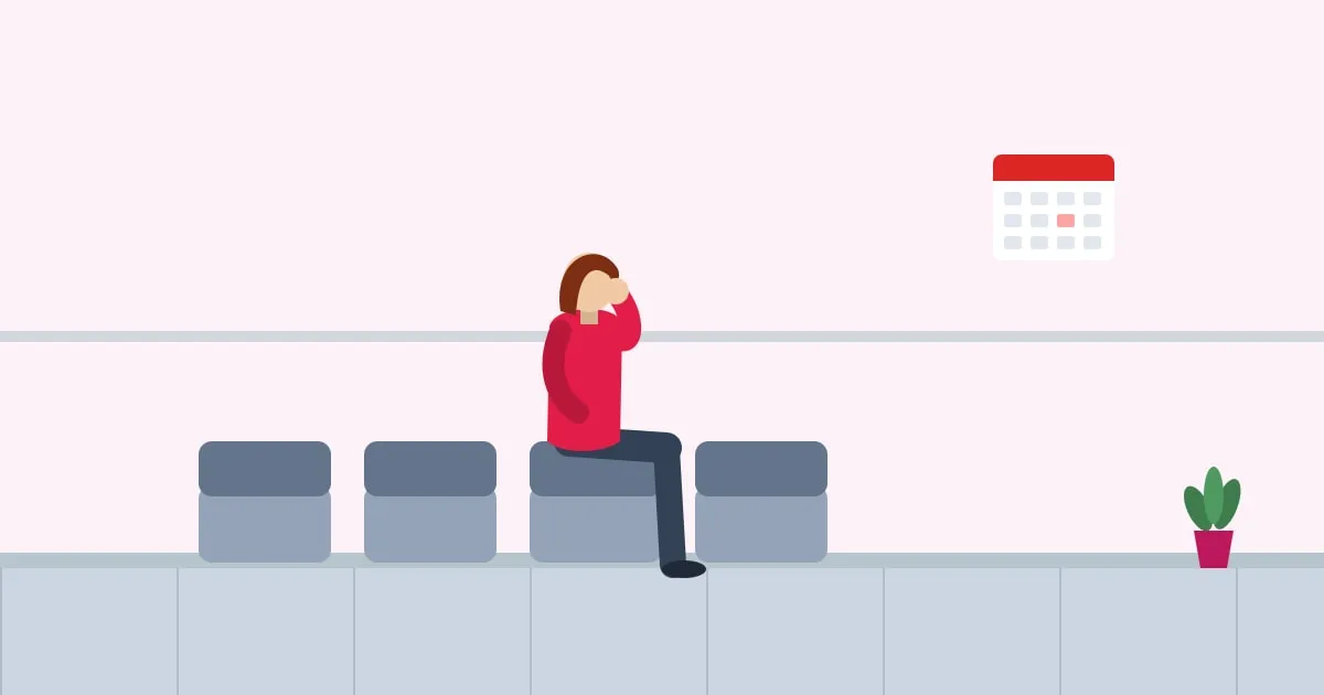 Illustration of a woman with tooth pain holding her cheek in a dental office waiting room