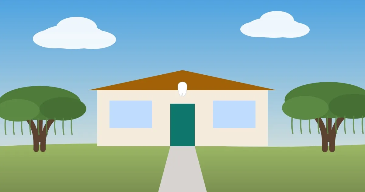 Illustration of a single-story family dental practice under a wide Texas sky with live oaks