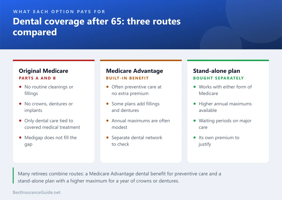 Comparison panel showing what Original Medicare, Medicare Advantage and a stand-alone dental plan cover for dental care