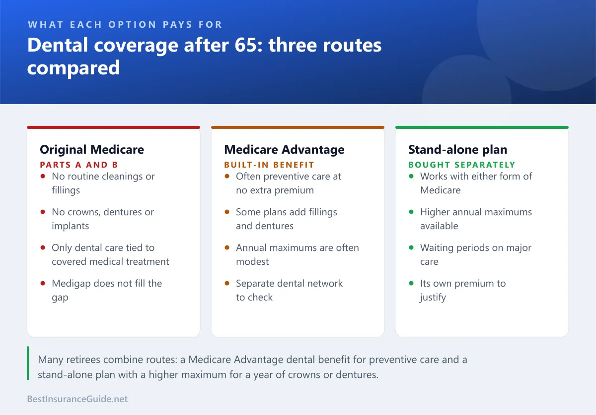 Comparison panel showing what Original Medicare, Medicare Advantage and a stand-alone dental plan cover for dental care