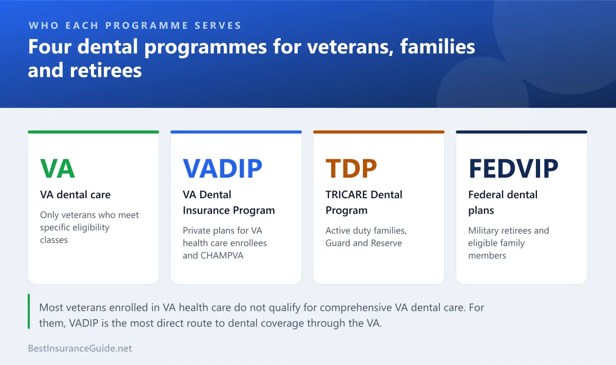Panel summarising the four dental programmes for veterans, service members, families and retirees