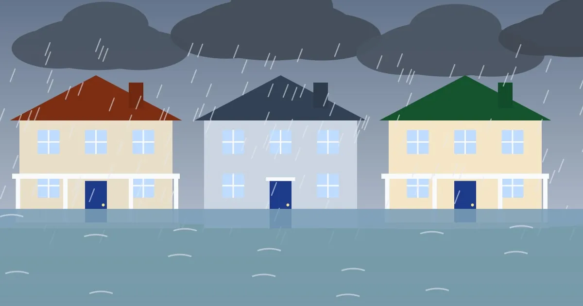 Illustration of floodwater reaching the porch steps of family homes on a suburban street after heavy rain