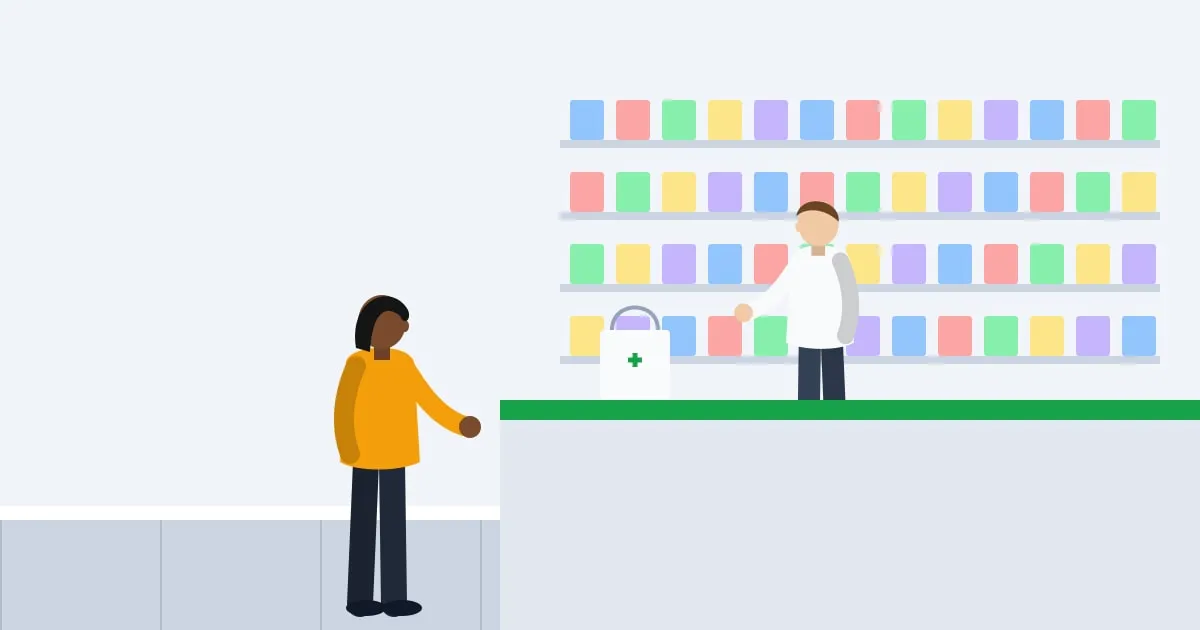 Illustration of a pharmacist handing a prescription bag across the pharmacy counter to a customer