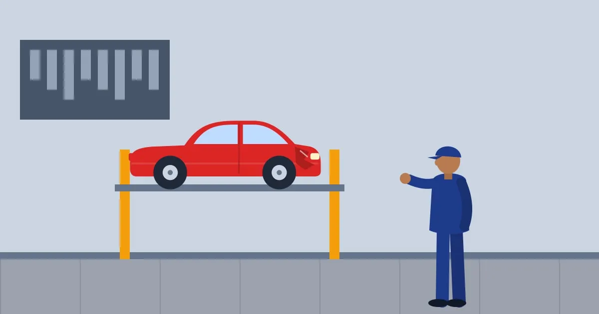 Illustration of a mechanic inspecting a dented front bumper on a car raised on a lift in an auto body shop