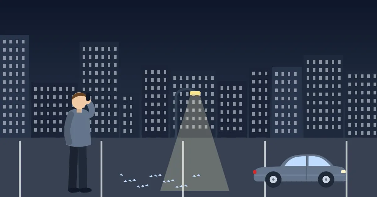 Illustration of a worried owner on the phone beside an empty parking space with broken glass under a street light at night