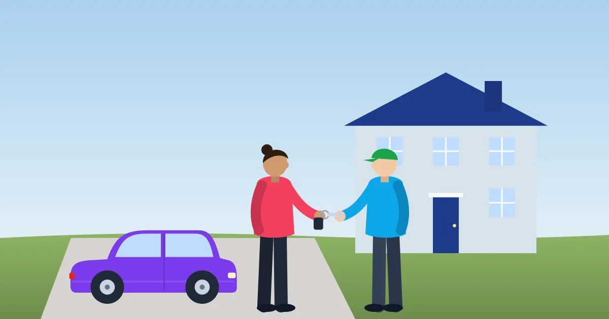 Illustration of a person handing their car keys to a friend beside a parked car in a driveway