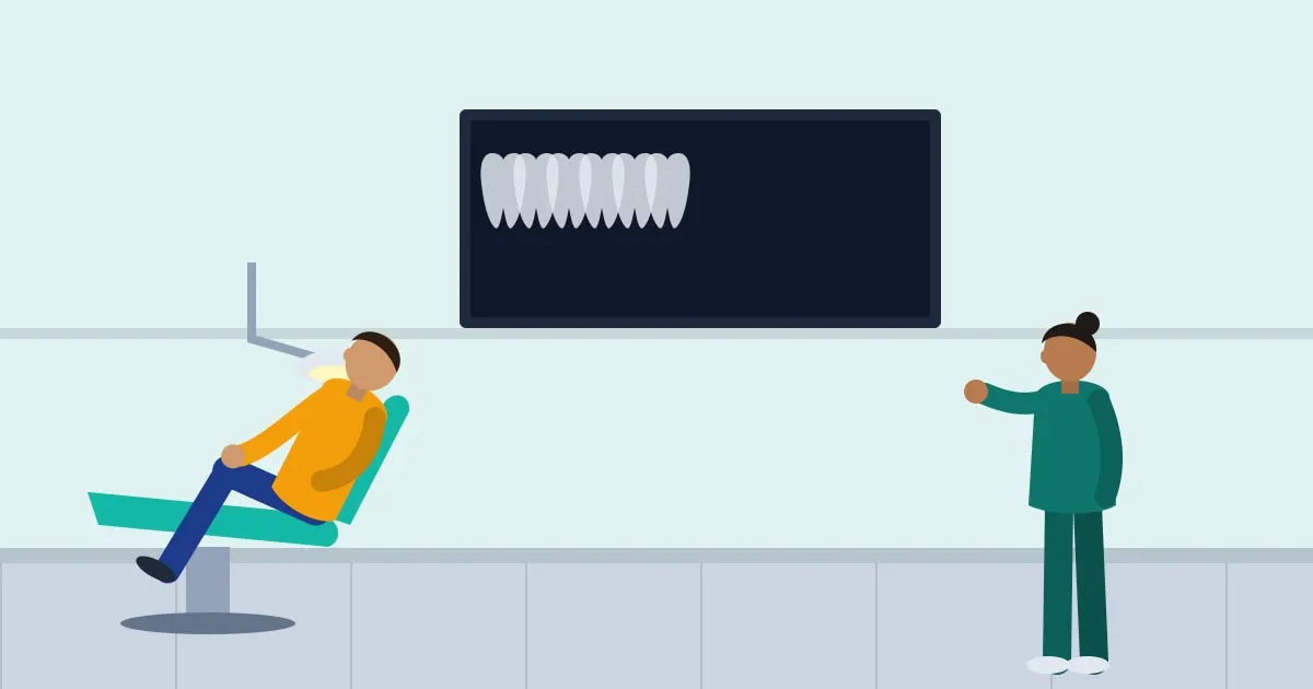 Illustration of an oral surgeon showing a teenager a panoramic X-ray of their wisdom teeth