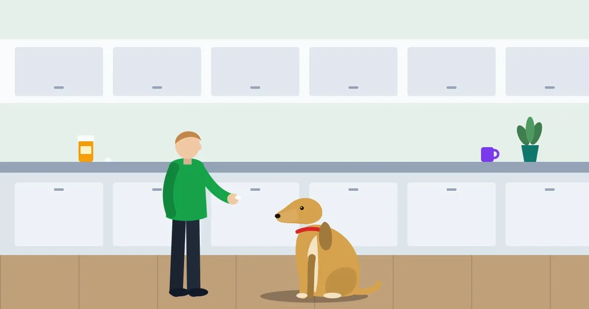 Illustration of an owner offering a pill to a golden retriever in a bright kitchen, a pill bottle on the counter