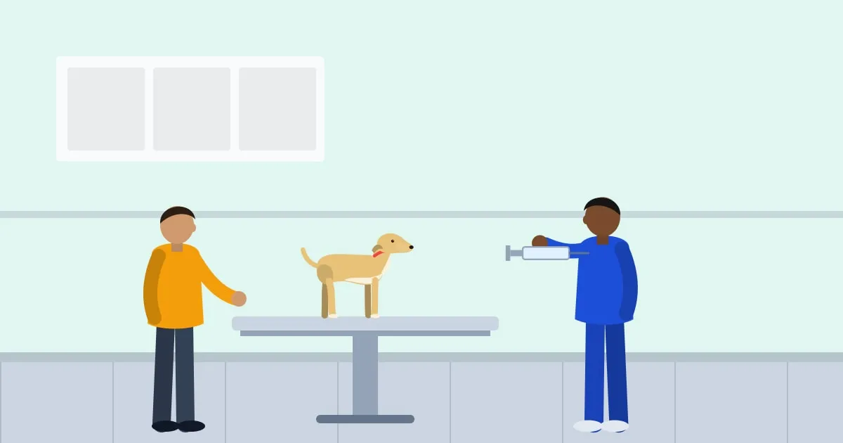 Illustration of a veterinarian about to vaccinate a puppy held still on an exam table