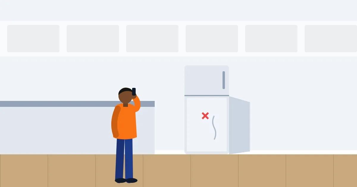 Illustration of a renter on the phone looking at a broken refrigerator in a small apartment kitchen