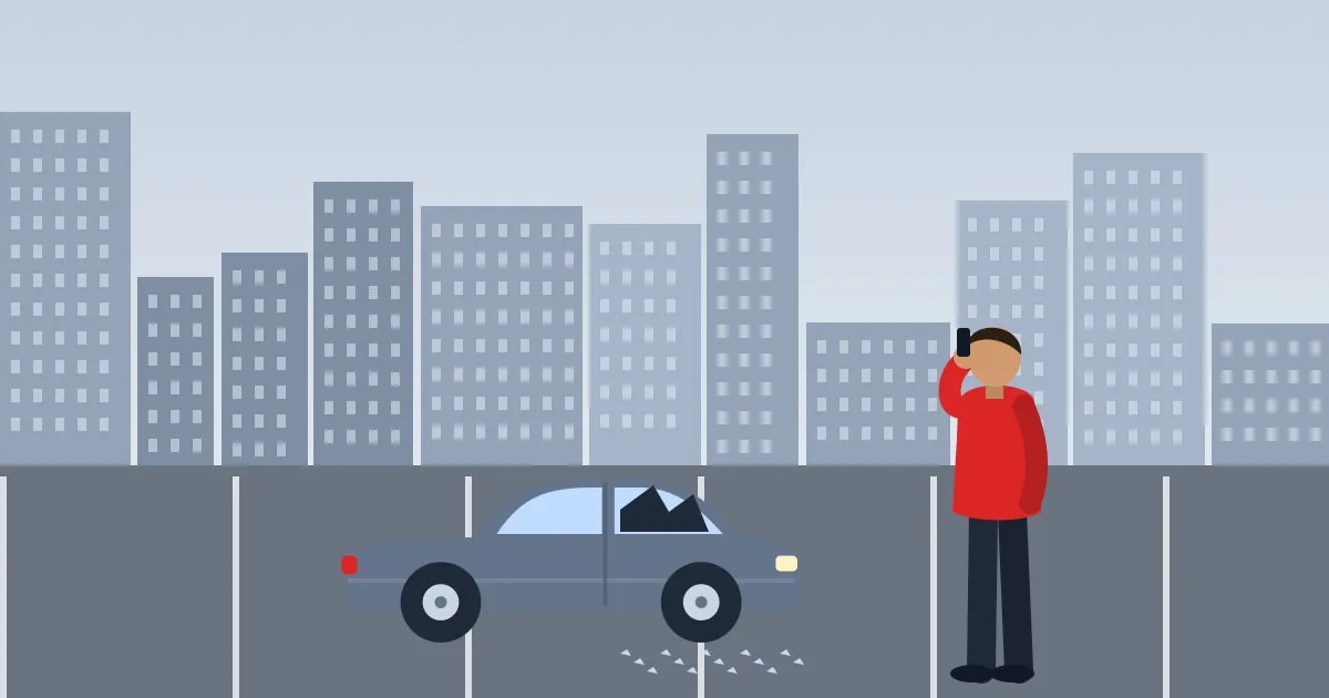 Illustration of a car with a smashed side window in a parking lot, its owner calling to report the break-in
