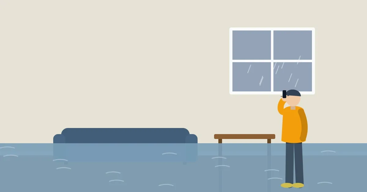 Illustration of a tenant in rubber boots standing in a flooded ground-floor apartment
