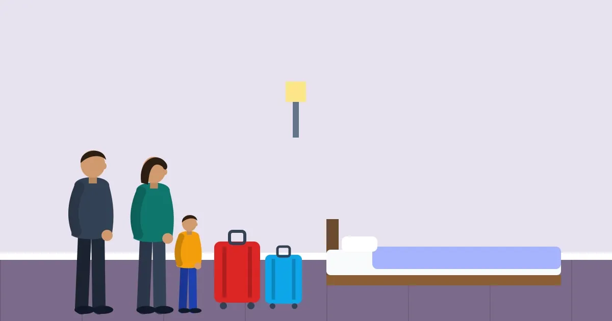 Illustration of a family with suitcases arriving in a hotel room after being displaced from their home