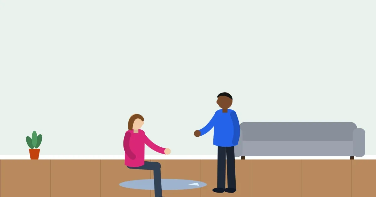 Illustration of a tenant helping a guest up after a slip on a wet apartment floor