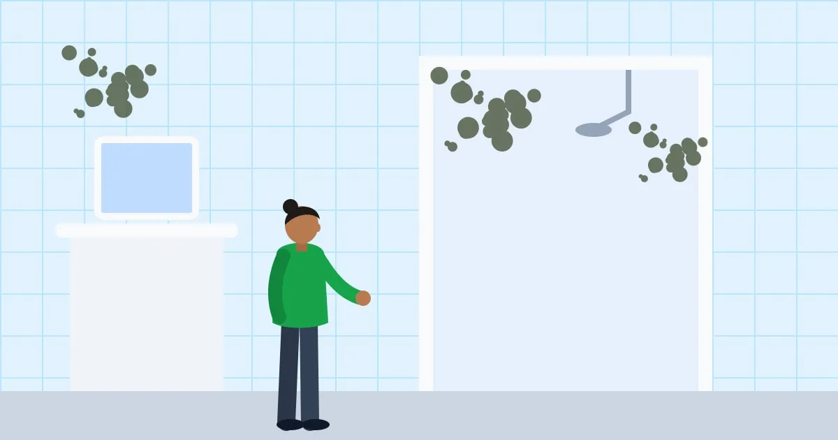 Illustration of dark mold spreading across a bathroom wall above the shower