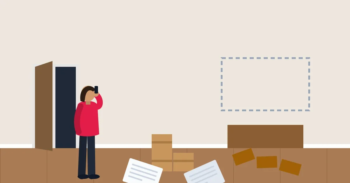 Illustration of a forced-open apartment door with a ransacked living room inside