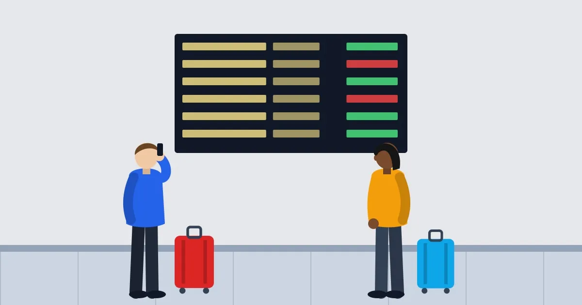 Illustration of frustrated travelers with luggage looking up at a departures board showing cancelled flights