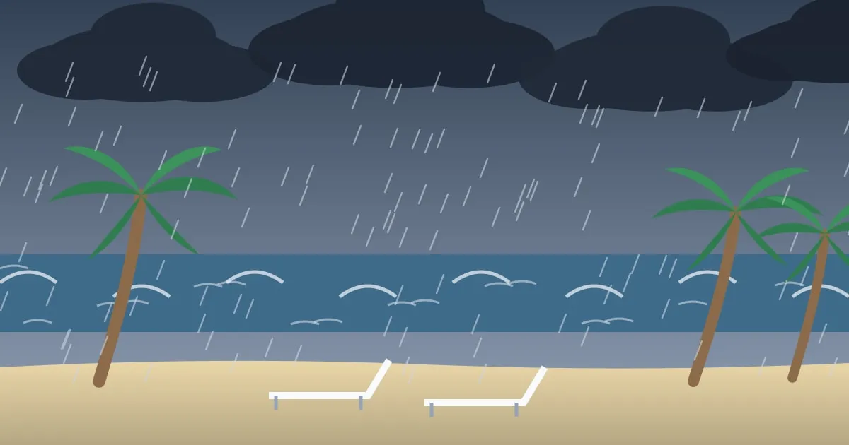 Illustration of an empty beach resort with palm trees bending under dark hurricane clouds and rough surf
