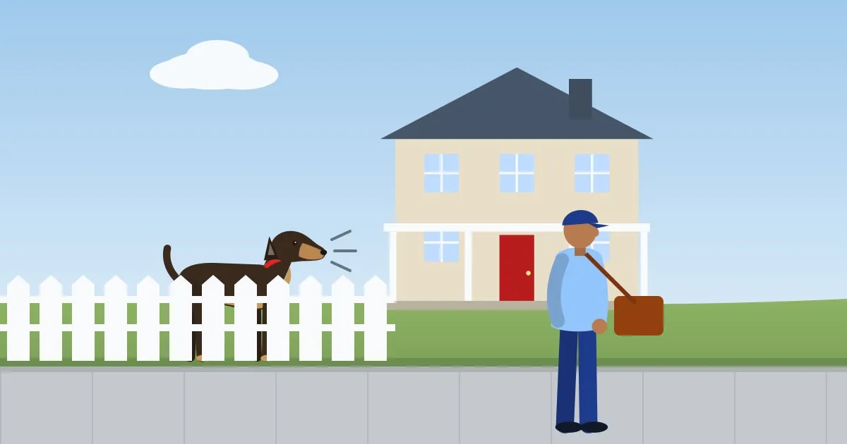 Illustration of a large dog barking behind a garden fence as a mail carrier walks past on the sidewalk