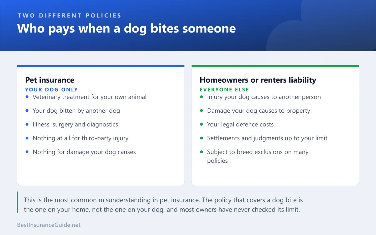 Comparison panel showing that pet insurance covers veterinary treatment for your own animal while homeowners or renters liability covers injury your dog causes to others