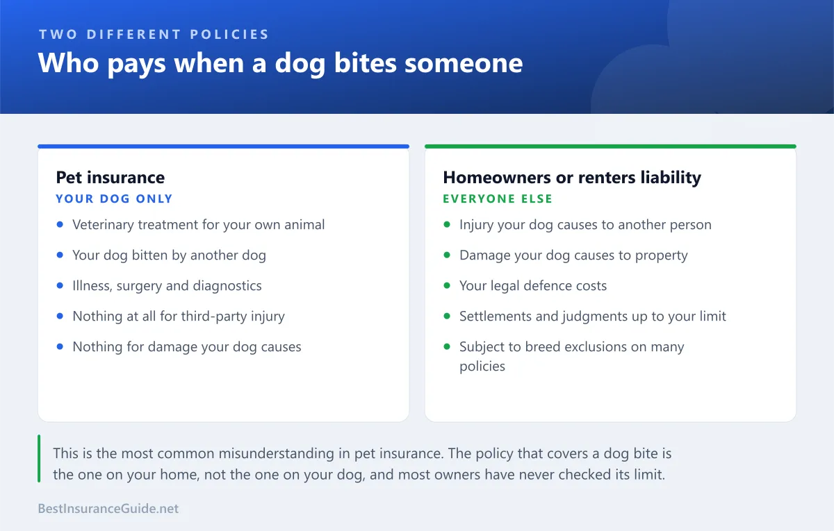 Comparison panel showing that pet insurance covers veterinary treatment for your own animal while homeowners or renters liability covers injury your dog causes to others